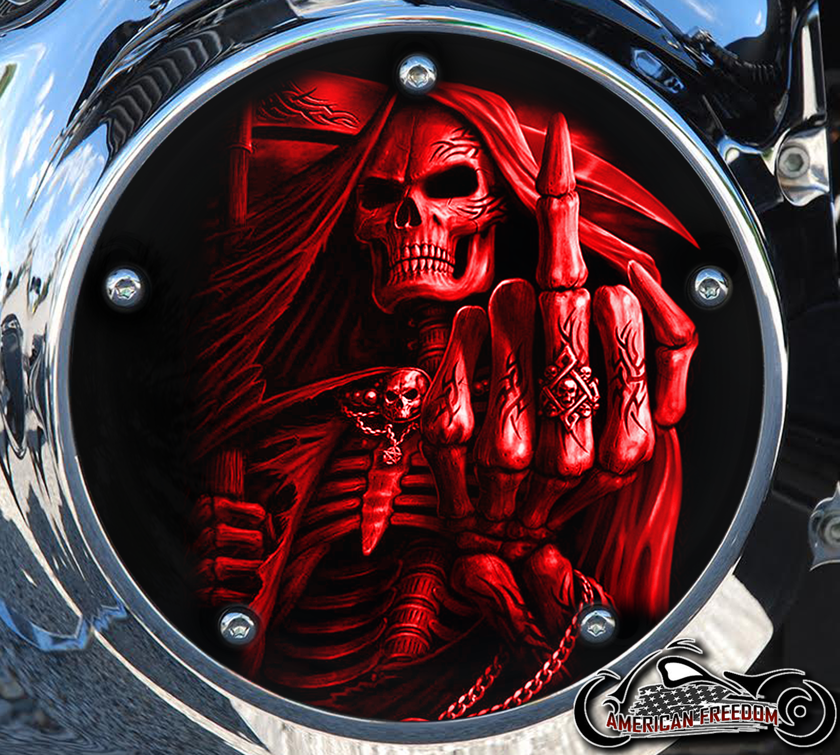 Custom Derby Cover - Middle Finger Reaper red